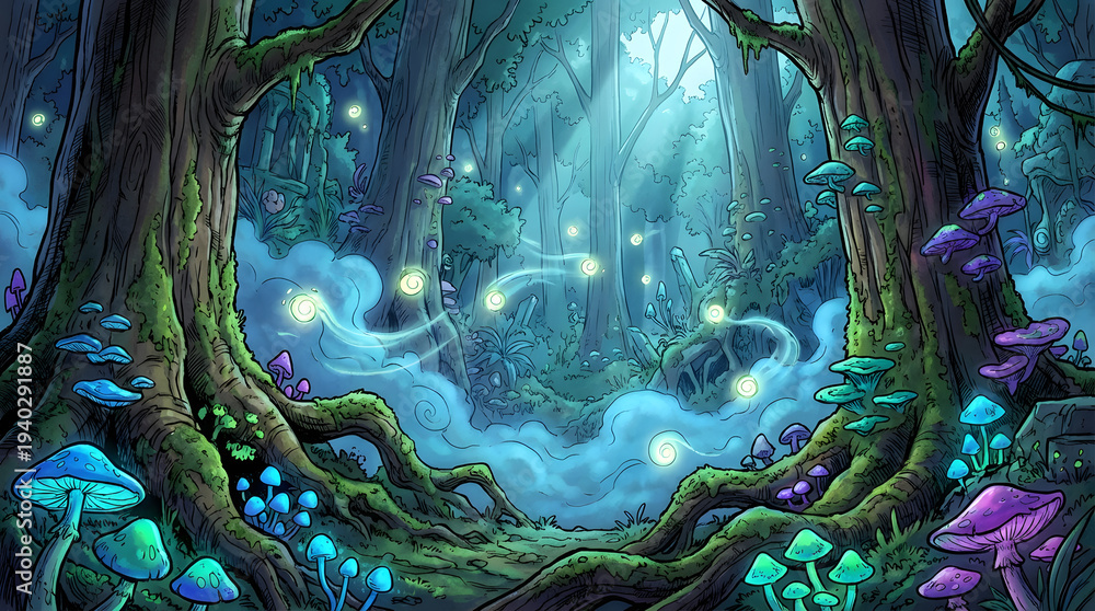 Fototapeta premium Mystical Forest with Glowing Mushrooms and Trees.
