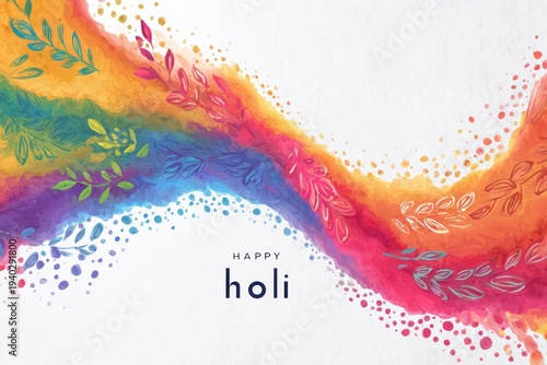 Happy Holi Festival Background with Colorful Gulal Wave and Floral Decorative Elements