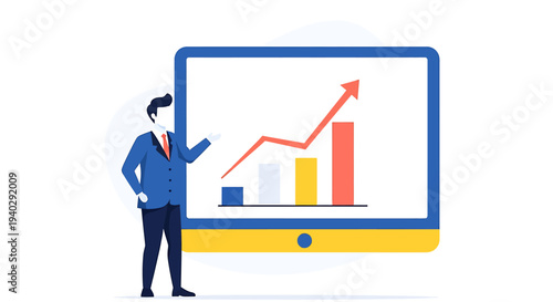Man in blue suit analyzing colorful bar graph on large computer screen with upward trend arrow
