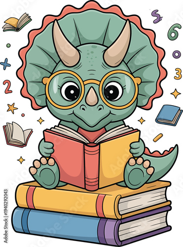 Cute triceratops reading book cartoon illustration


