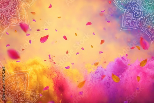 Happy Holi Festival Background with Vibrant Gulal Powder Clouds and Floating Flower Petals