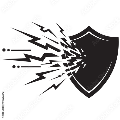 Shield icon with lightning bolt impact, vector illustration of a protective barrier deflecting electrical energy strike