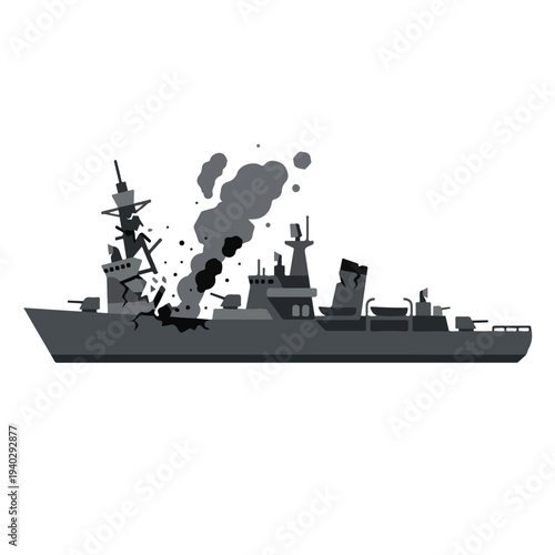 vector flat of a ship burning due to a missile attack o4