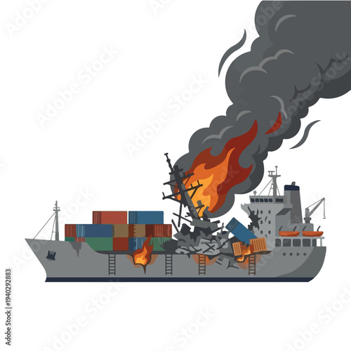 vector flat of a cargo ship burning due to a missile attack 