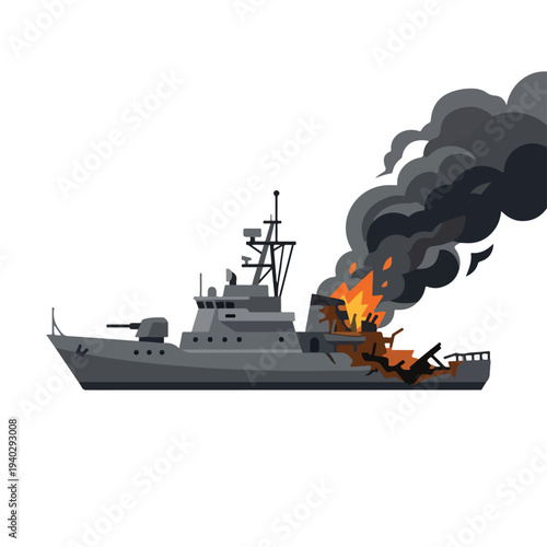 vector flat of a ship burning due to a missile attack o3