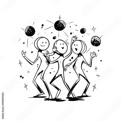 Stick Figures Dancing Under Disco Balls