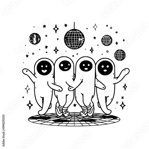 Smiling Ghosts Dancing on Disco Floor with Disco Balls