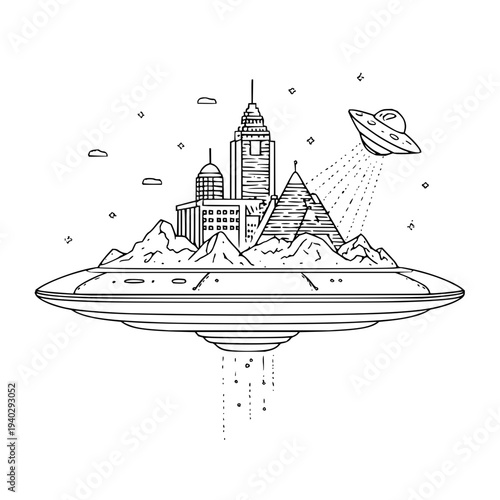 UFO Carrying Cityscape with Pyramids and Skyscrapers through Space