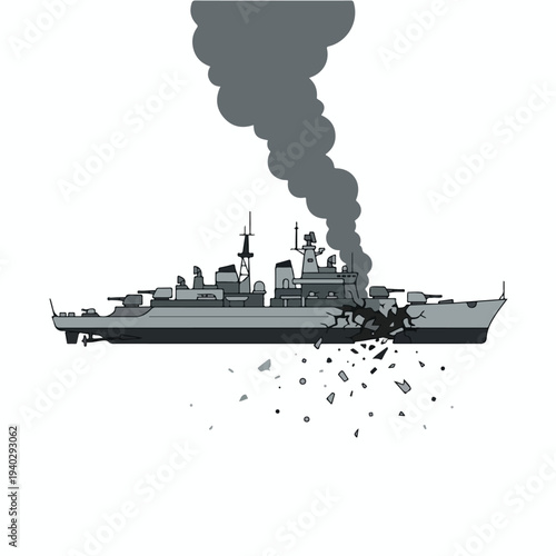 vector flat of a ship burning due to a missile attack o010