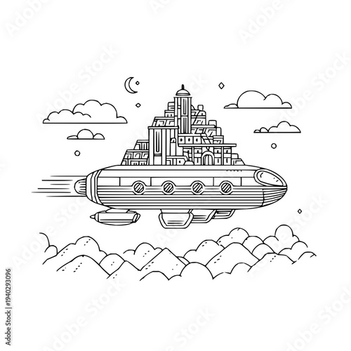 Flying Airship with Castle on Top Soaring through Clouds at Night