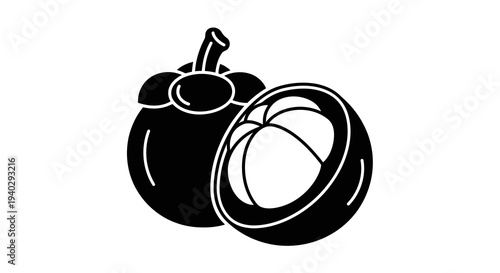A simple black and white illustration of a fruit with a cutaway section.