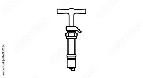 A simple line drawing of a mechanical device with a handle and cylindrical body.