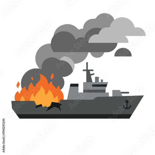 vector flat of a ship burning due to a missile attack 6