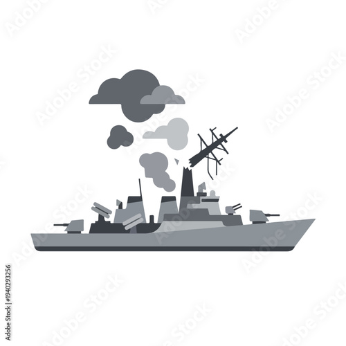 vector flat of a ship burning due to a missile attack o06