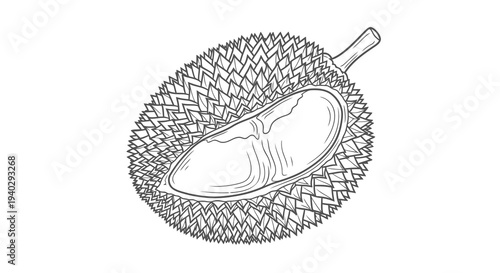 Detailed black and white illustration of a durian fruit with spiky outer layer and visible inner flesh.