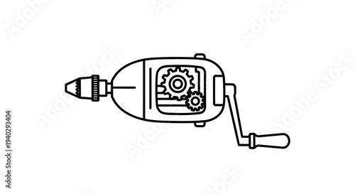 A simple line drawing of an old-fashioned manual drill on a white background.