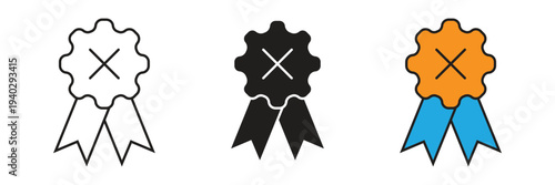 Award ribbon badge with a cross mark symbol, illustrating quality rejection, failed certification, or non-compliant product status icons.