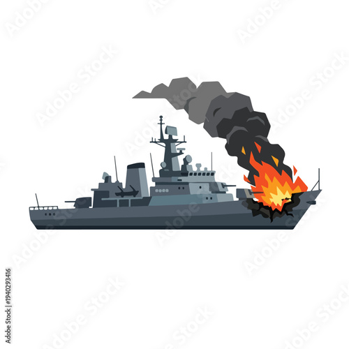 vector flat of a ship burning due to a missile attack o04