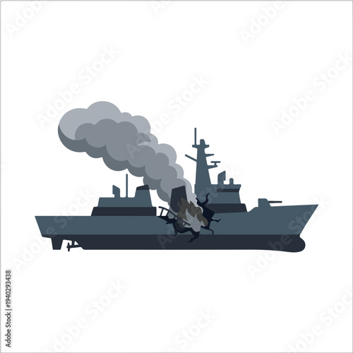 vector flat of a ship burning due to a missile attack o05