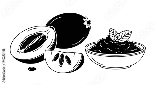 A simple black and white illustration of an eggplant and eggplant jam in a bowl.