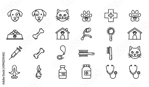 Pet Care and Veterinary Service Outline Icons Dog Cat Paw Vet Clinic Symbol Vector Set