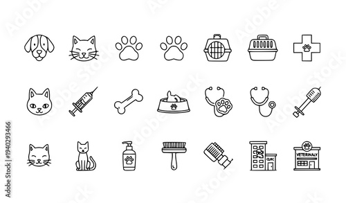 Pets and Veterinary Clinic Thin Line Icon Set Animal Care Symbols Editable Stroke Vector