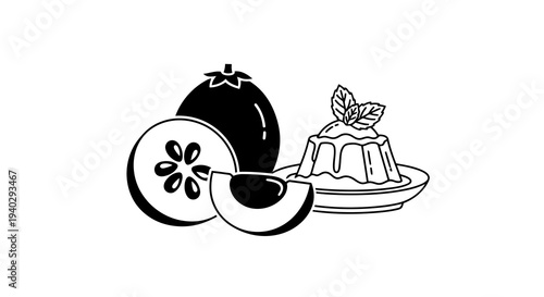 A simple black and white illustration of fruit and dessert.