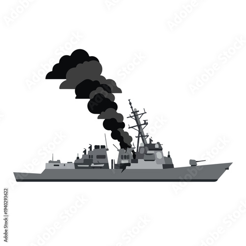 vector flat of a ship burning due to a missile attack o01