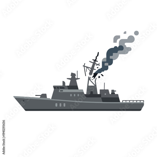 vector flat of a ship burning due to a missile attack 2