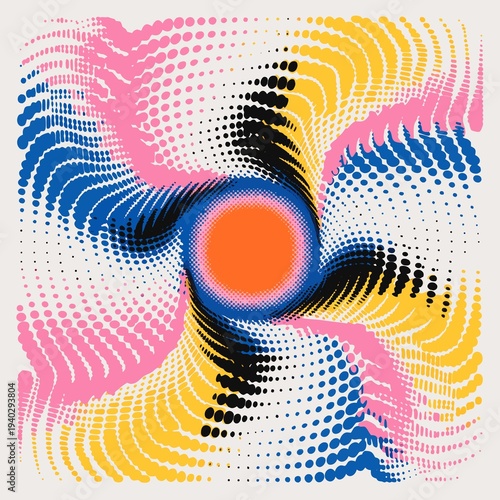 Abstract halftone gradient in risograph style, smooth radial dot transitions. Analog riso print texture for typography backgrounds, zine posters, contemporary design templates. Vector illustration.