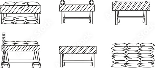 Collection of sandbags and construction barriers outline vector illustrations for safety construction and protection concepts isolated on white background