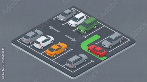 Isometric illustration of a parking lot with cars and directional arrows.