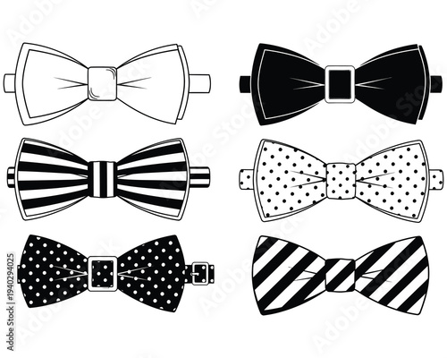 Collection of six unique black and white bow ties