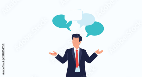 Businessman standing with open hands and multiple blank speech bubbles above his head, conveying communication, ideas, or professional feedback.