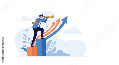 Businessman stands on a bar chart and uses a telescope to find new growth opportunities and visualize future success for his corporate company.