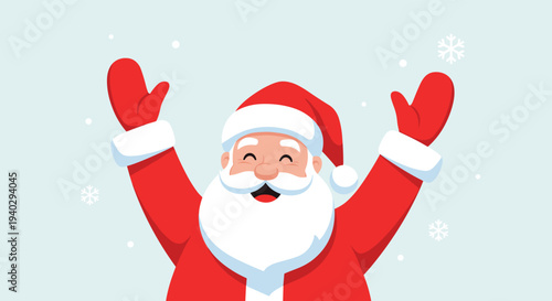 Cheerful Santa Claus celebrates with his arms raised against a snowy blue background capturing the festive spirit of the Christmas holiday season.
