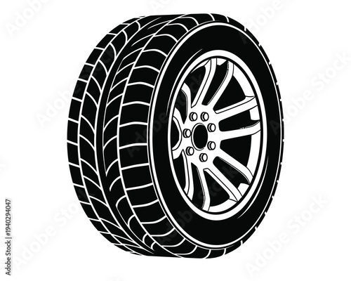 A black and white illustration of a car tire with a silver rim