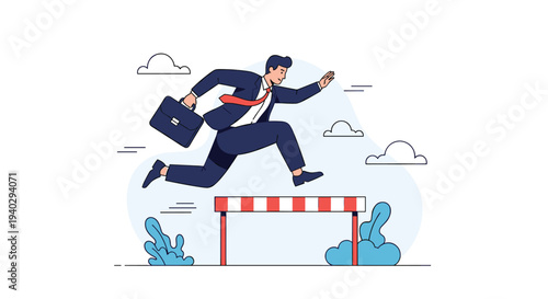 Determined businessman in a suit jumps over a hurdle to demonstrate the ability to overcome challenges and navigate obstacles in a professional career.