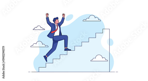 Energetic businessman runs up a flight of stairs with his arms raised in victory to symbolize career advancement, progress, and reaching new heights.