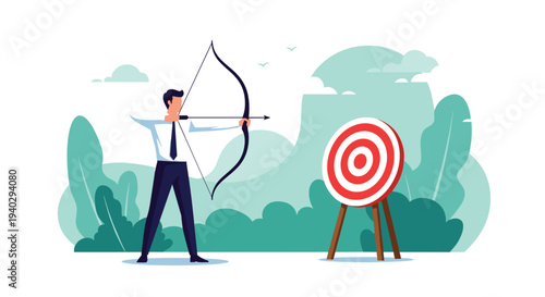 Focused businessman aims a bow and arrow at a target to represent strategic goal setting, accuracy, and the pursuit of excellence in the workplace.