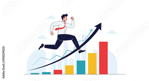 Businessman runs quickly along a rising black arrow over a colorful bar chart representing rapid progress, momentum, and financial growth.