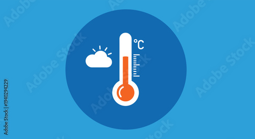 Weather icon featuring a thermometer showing a high temperature alongside a sun and cloud symbol to represent warm climate and sunny days.