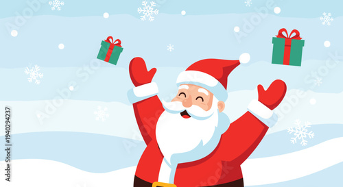 Joyful Santa Claus raises his hands in celebration as gift boxes fall around him in a snowy winter landscape full of holiday magic and cheer.