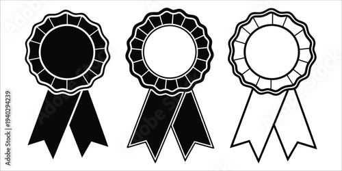 Three black and white ribbon badges or awards