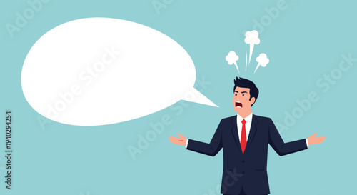 Angry businessman with steam coming from his head shouts while gesturing with his hands representing workplace stress, rage, and frustration.