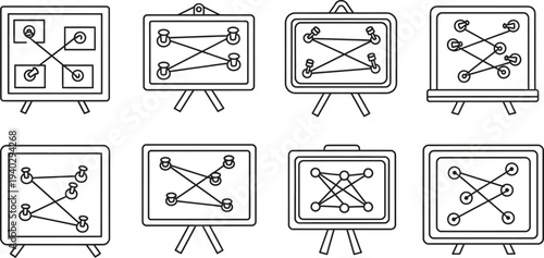 Collection of minimalist line art network diagrams on presentation boards depicting connections and problem-solving for business strategy and educational content