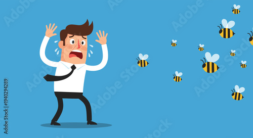 Scared businessman runs away in terror from a swarm of stinging bees illustrating the concept of avoiding problems or facing sudden threats.