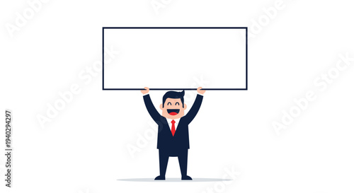 Smiling businessman in a dark suit holds up a large blank white board that can be used for custom messages, advertisements, or announcements.