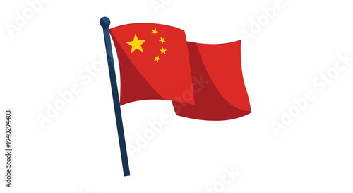 National flag of China waving on a flagpole over a white background to represent Chinese country and international trade.
