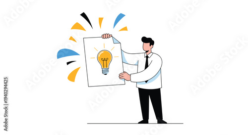 Professional businessman holding a large poster showing a glowing light bulb as a symbol of sharing new innovative ideas.
